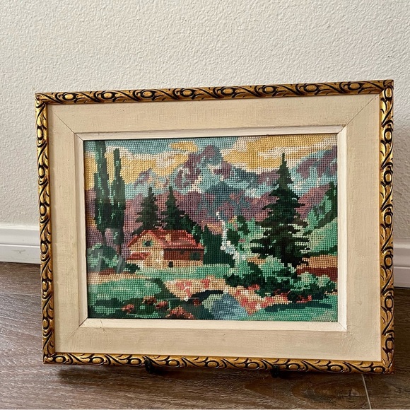 Vintage Landscape Embroidered Art in Gold Frame 12/15 inch